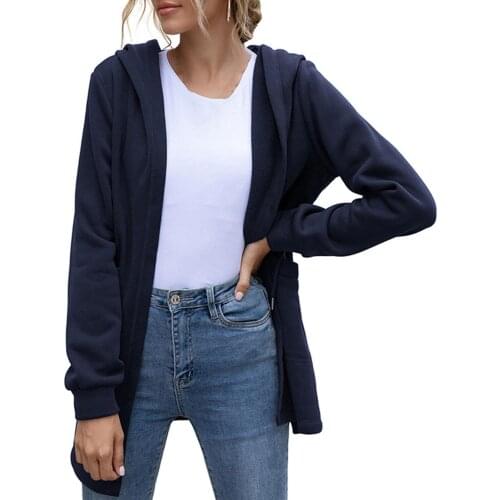 Women Autumn Winter Waist Drawstring Hooded Coat Open Front Mid-length Cardigan