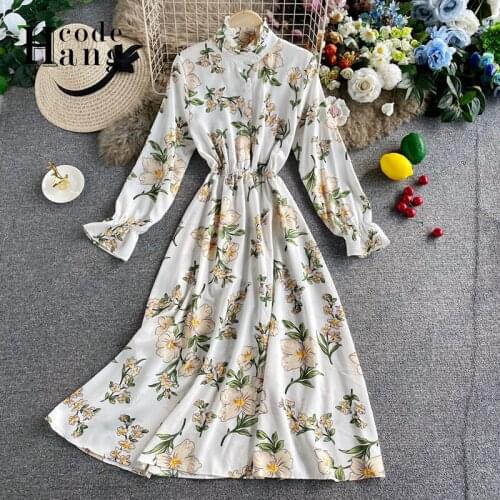HangCode Autumn Dress Women Stand Collar Flower Print Full Sleeve Chiffon Dress Vintage Fashion Big Swing Long Party Dress