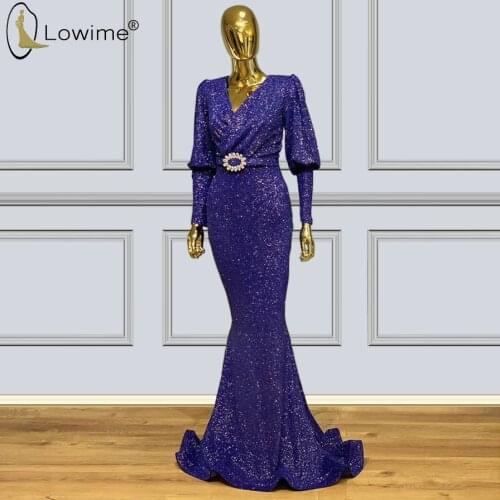 Abendkleider Dubai Sequined Evening Dresses Long Sleeve V Neck Robes Prom Party Gowns Vestido De Festa