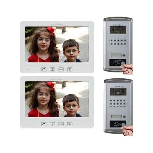ZHUDELE Inercom System For 2 Doors,2X10.1" Video Door Phone Monitor+Waterproof Explosion-proof Camera,Extra CCTV Camera ID Card