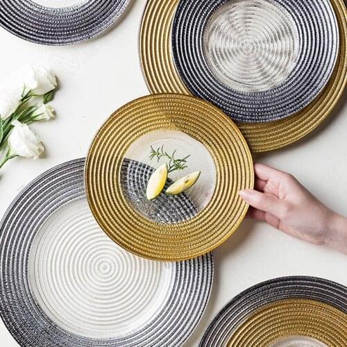 Golden Stroke Glass Plate Dining Table Main Course Plates European Style Cake Dessert Dish Western Restaurant Serving Salad Tray