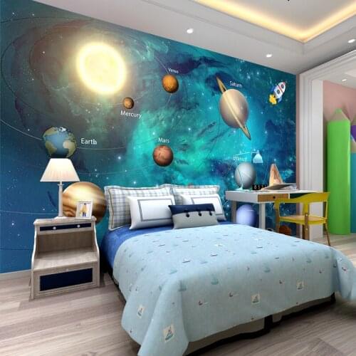 3D Wallpaper Space Universe Children Room Starry Sky Planet Wallpaper 3D Stereo Cartoon Mural Papel De Parede Infantil 3D Fresco