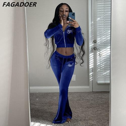 FAGADOER Velvet Two Piece Set Women PINK Letter Print Outfit Women Zip Coat And Flare Pants Sets 2021 Casual Fashion Tracksuit