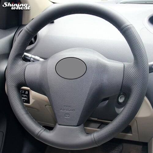 Shining wheat Black Genuine Leather Steering Wheel Cover for Toyota Yaris Vios RAV4 2006-2009