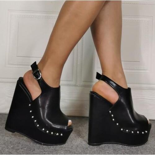Dipsloot Black Smooth Leather Wedge Rivets Platform Sandals Woman Punk Style Peep Toe Buckle Strappy High Heel Sandals Shoes