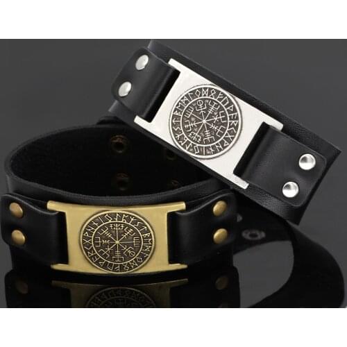 Men viking Vegvisir compass rune leather amulet bracelet jewlery -fit 20CM- 25CM
