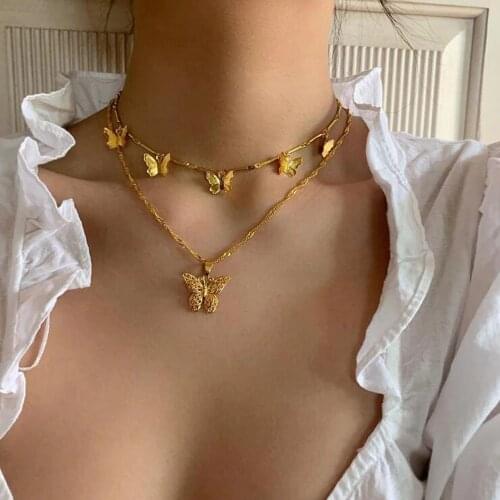 ALYXUY 2 Layers Charm Butterfly Pendant Chain Necklaces for Women Girls Gold Color Multiple Butterflies Necklace Trendy Jewelry