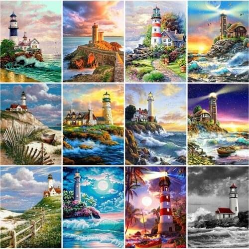 EverShine Diamond Painting Seaside Cross Stitch Diamond Embroidery Full Square Landscape Rhinestones Art Lighthouse Home Decor