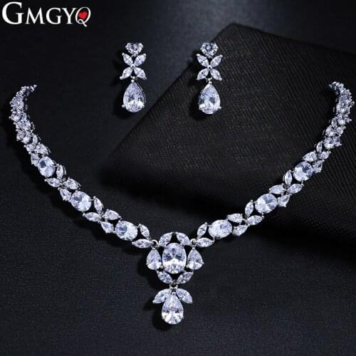 GMGYQ Deluxe Earrings Necklace Set Drop-shaped Olive Zirconia Bride Jewelry Set Dinner Dress Accessories