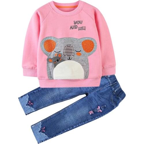 Spring Autumn Little Girls Kids Children Clothing Set 2 Pieces Set Long Sleeve T Shirt and Jeans