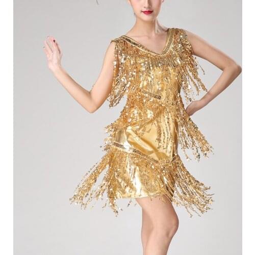 Stage Performance Costume Sexy Shiny Double V-Neck Sleeveless Sequin Tassel Latin Jazz Cha-cha Ballroom Dance Dress Vestido