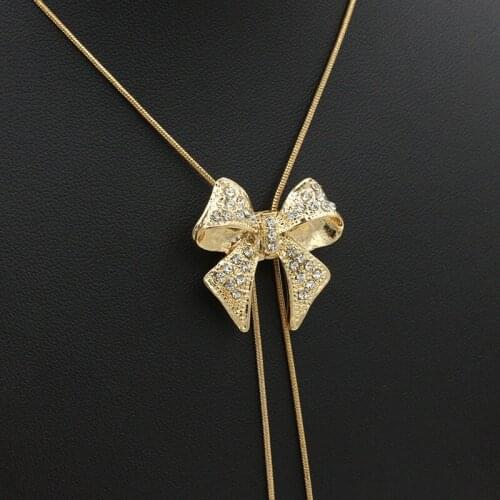 RONGQING Rhinestone Butterfly Pendant Sweater Chain Necklace Sweet Bowknot Tassel Necklace for Women Collares