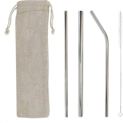 Reusable Metal Drinking Straws 5Pcs 304 Stainless Steel Sturdy Bent Straight Drinks Straw with Brush Eco-Friendly Silver Straw