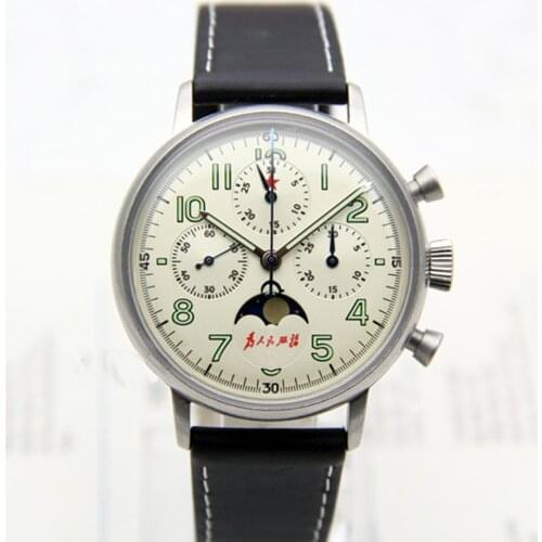 Retro Mens Chronograph Moon Phase Calendar 1963 Pilot Watch Seagull ST1908 Movement Mechanical Men Watch Luminous Leather Clock