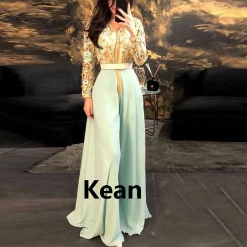 Mint Green Moroccan Kaftan Dubai Evening Dresses Gold Lace Custom Mother Saudi Arabic Muslim Mother Special Occasion Party Dress
