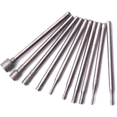 10Pcs 2.35mm Shank Diamond Burr Bits Set Grinding Head Rotary Tool 0.84mm to 5mm for Jade Glass Engraving Hole drilling Tools