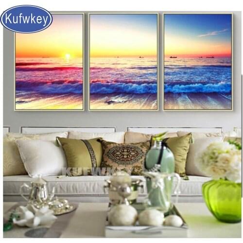 Sunrise beach landscape Painting diamond embroidery kits 3 pcs diamond painting round square mosaic picture of rhinestones life