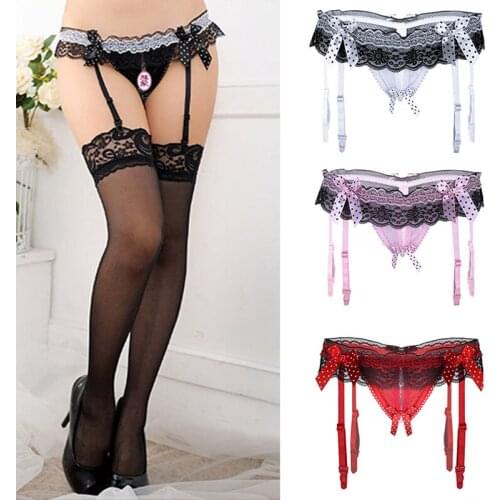 New Women Sexy Lace G-String Garter Belt Solid Thin Sexy Suspender Stockings Set Lingerie Bowknot