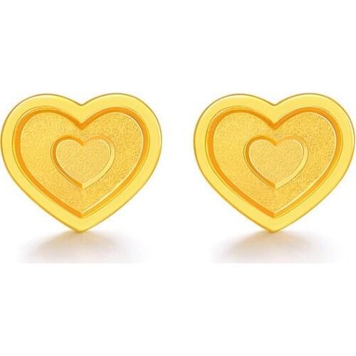 Solid 999 24K Yellow Gold Earrings Women Heart Stud Earrings 1.28g
