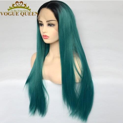 Vogue Queen Emerald Green Synthetic Lace Front Wig With Black Root Long Straight Heat Resistant Fiber Cosplay Wig For Women