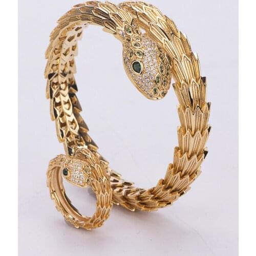 Mens Luxury Snake Scale Crystal Bracelet Womens Fashion High Quality Snake Animal Bracelet with Ring Copper Party Gift Jewelry