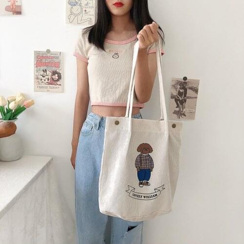 Kawaii Corduroy Bag Women Cartoon Bear Print Shoulder Bag For Women 2020 New Handbag Collage Student Hand Bags Book Bag Bolsa