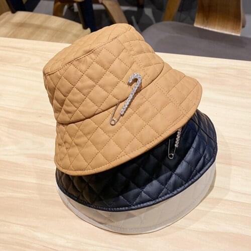 Punk Style Unisex Diamond Pattern Faux Leather Bucket Hat Solid Color Shiny Rhinestone Metal Pin Panama Fisherman Cap