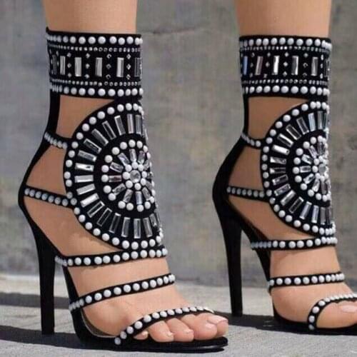 Women white black rhinestones roman gladiator sandal Sexy Open Toe Woman Sandal Ankle Strap Rivets Studded Gladiator Sandal