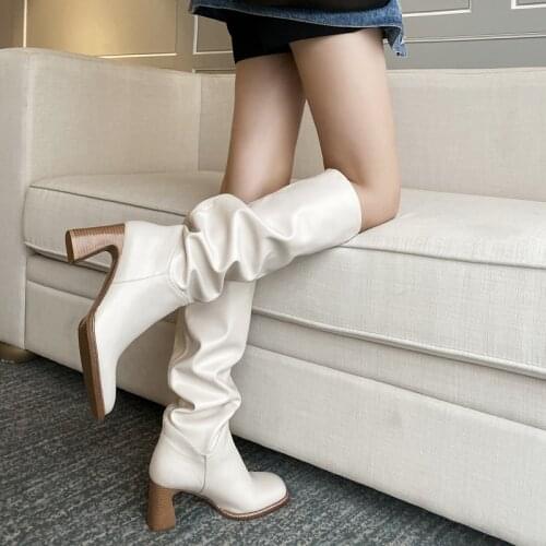Microfiber Leather Knee High Boots Women Autumn Winter Square Toe High Heels Riding Boots Female Beige Back Sewing Slip-On Shoes