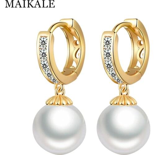 MAIKALE Gold Silver Color Pearl Drop Earrings for Women Round Circle CZ Cubic Zirconia Earrings with Pearls Female Jewelry Gifts
