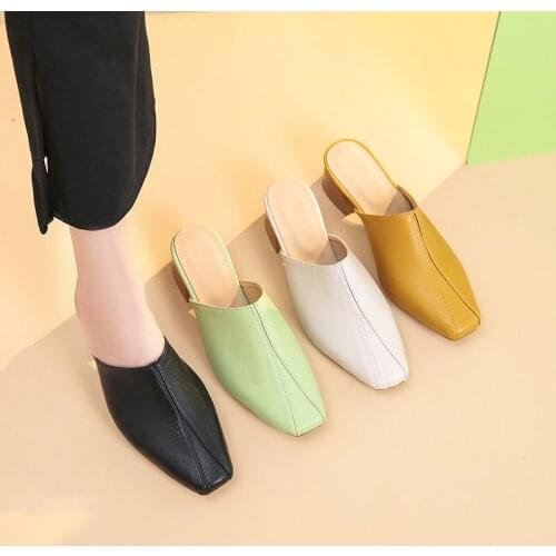 Womens Square Toe Slippers Solid PU Leather Block Heels Elegant Ladies Shoes Outdoor Fashion Concise Women Sandals 2021 Summer