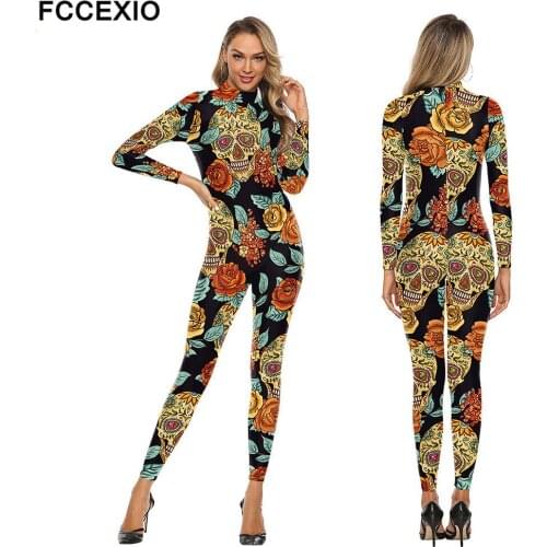 FCCEXIO Rose Skeleton Pattern 3D Print Sexy Bodysuits Women Plus Size Long Sleeve Cosplay New Jumpsuit Party