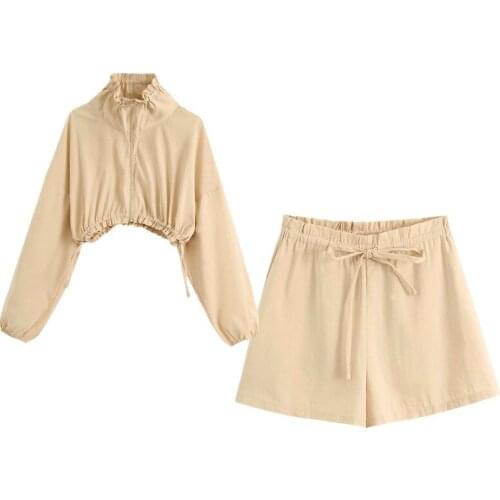 Suit Womens New Stand Collar Zipper Drawstring Short Sunscreen Clothing + High Waist Lace Casual Shorts Female Two-Piece Suit