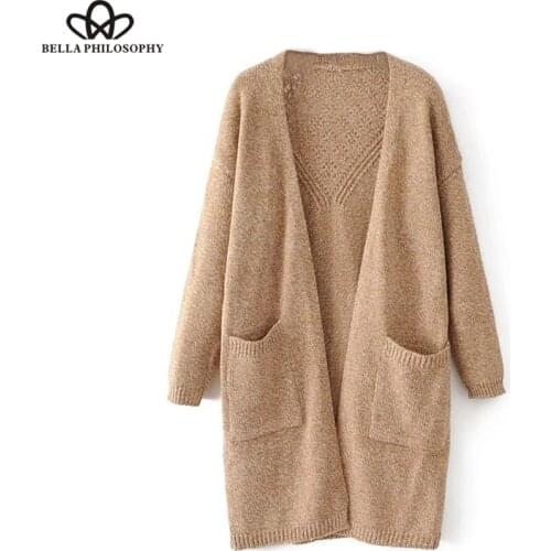 Women autumn winter sweater cardigan new back crochet long with pockets khaki gray navy