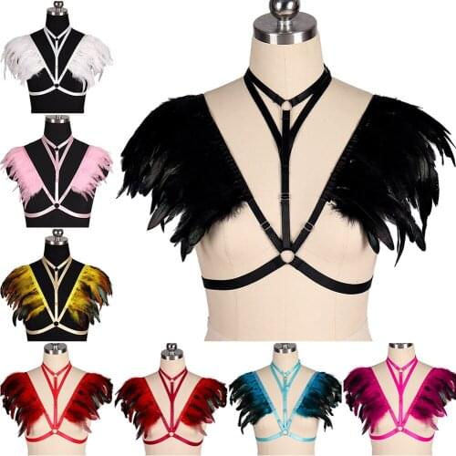 Women Sexy Harness Bra Black Feathers Cage Bra Adjustable Back Strappy Bra Top Fashion Harness Festival Bra Honeymoon Lingerie