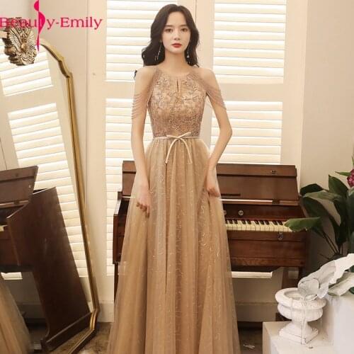 Luxurious Beading Sequined O Neck Sleeveless A Line Evening Dress Long 2021 Fashion Gold Lace Up Back Women Dress with Sashes