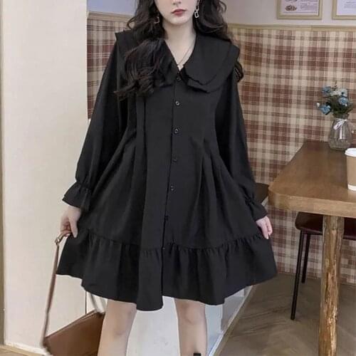 Womens Dress 2021 Spring Summer New Large Size Loose Doll Collar Dress For Age-Reducing Western Female Skirt Suitable Buttons E