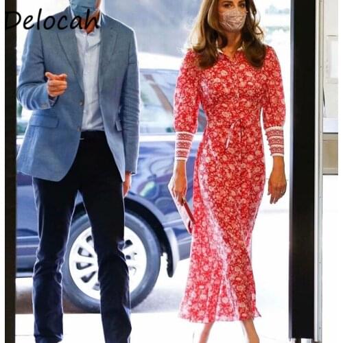 Delocah Women Summer Fashion Designer Party Midi Dress Lantern Sleeve Bow Sashes Floral Print Shirts Style Ladies A-Line Dresses