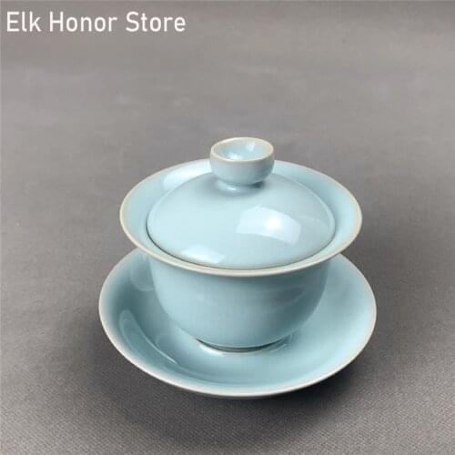 150ml Chinese Ceramics Ru Kiln Blue Glaze Gaiwan Household Gracked Glaze Tea Tureen Handmade Customized Teaware Tea Supplies