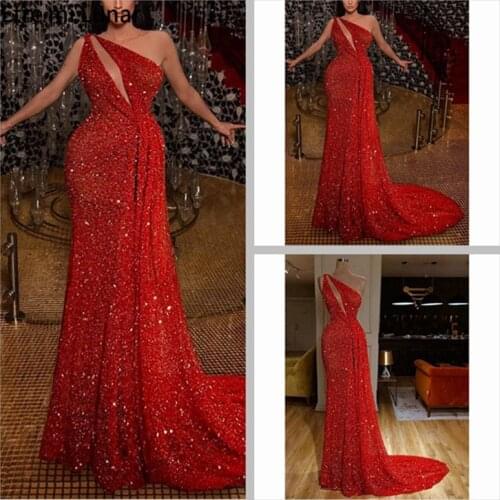 2021 Dubai Red Mermaid Sexy Luxury Evening Dresses 2020 Beading Sequins One Shoulder Formal Dress LE4069