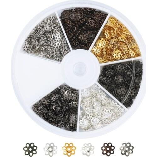 6 Color Iron Bead Caps for Jewelry Making DIY Findings Supplies, Flower, 6x1mm, Hole: 1mm; about 200pcs/compartment, 1200pcs/box