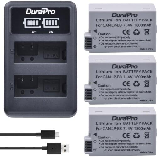 Durapro 3pc Battery For Canon LP-E8 LP E8 LPE8 Li-ion Batteries + LED Dual USB Charger For Canon EOS 550D 600D 650D 700D Camera