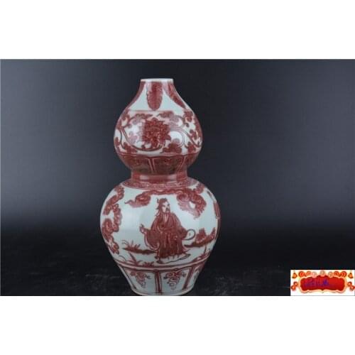 Antique YuanDynasty porcelain vase,red glaze,peony&people,Hand drawn,Decoration,collection &Adornment