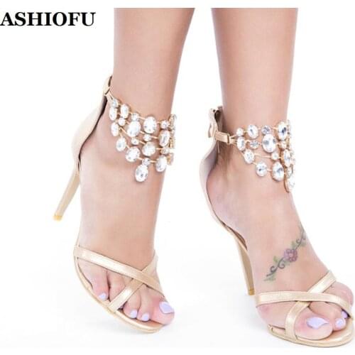 ASHIOFU New Handmade Ladies High Heel Sandals Cross-crystals Party Prom Summer Shoes Daily Wear Fashion Evening Sandals Shoes