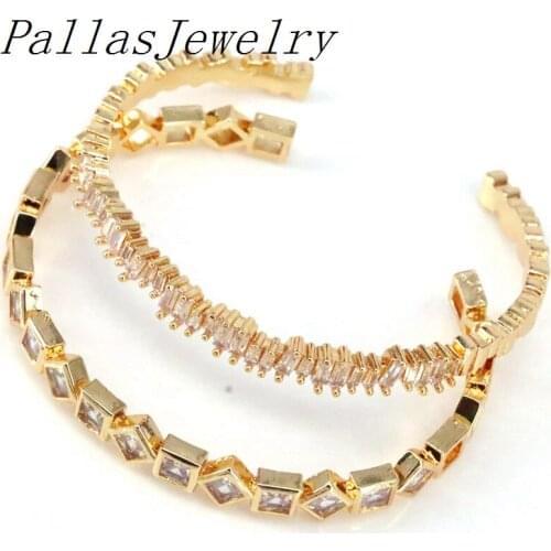 3Pcs Clear Cubic Zirconia Luxury Cuff Bangle For Women Square CZ Setting Gold-Color Charm Bangle Dainty Jewelry
