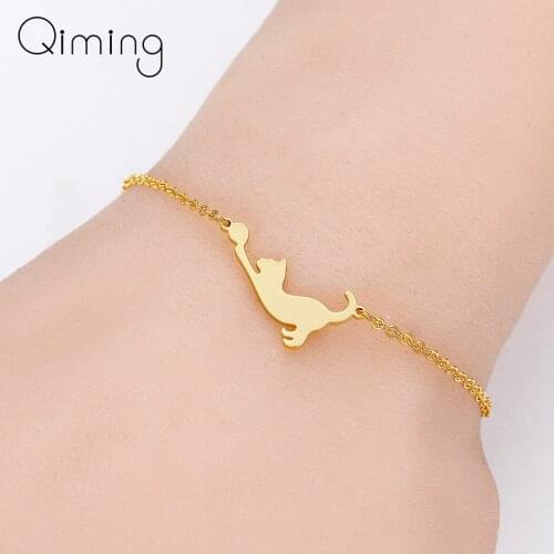 Stainless Steel Cat Bracelet Girls Children Gift Kitty Cat Play With Ball Cute Animal Bangles Bracelets For Women Jewelry