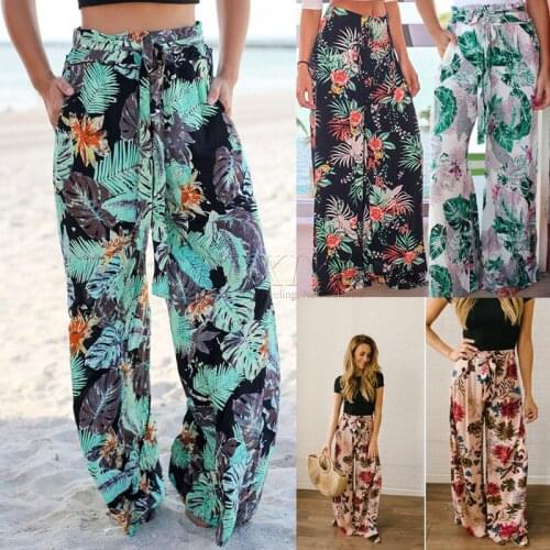 Hot Style Summer Floral Print Lace-up Pocket Ladies Casual Wide-leg Pants Fashion Straight Loose Pants for Women Fairy Grunge