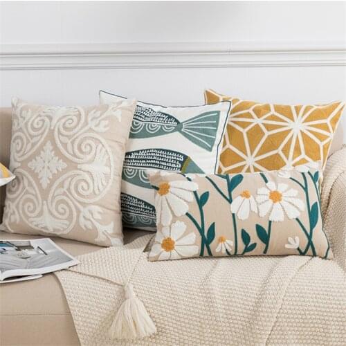 Floral Daisy Cushion Cover Cotton Embroidery Home Decor Boho Pillow Cover 45*45/30*50 Sofa Bed Waist Beige White Housse Coussin