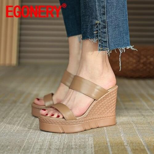 EGONERY Women Sandals Slipper summer New Style Concise Comfortable Slope Heel Round Toe Mature Solid color Genuine Leather
