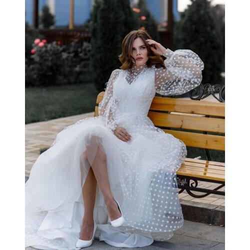 Elegant White Long Bubble Sleeves A-Line Sexy Evening Dresses 2020 Round Dot Pattern Simple Prom Party Dress robe de soriee